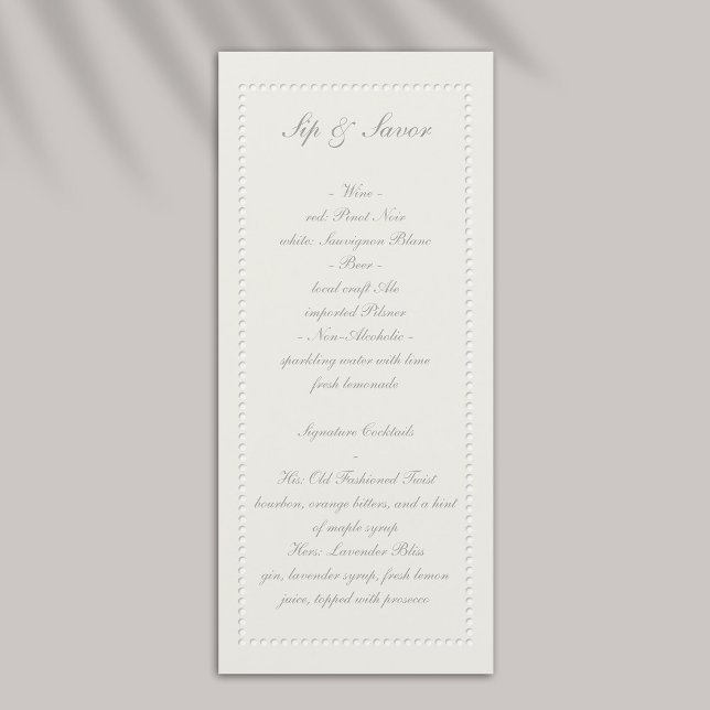 Faux Embossed Beaded Frame Wedding Bar Menu (formal wedding bar menu traditional faux embossed beaded frame ecru eggshell elegant black tie)