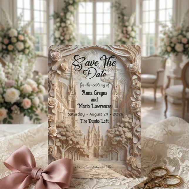 Faux Embossed Cathedral Arch Floral Relief Save The Date (Creator Uploaded)