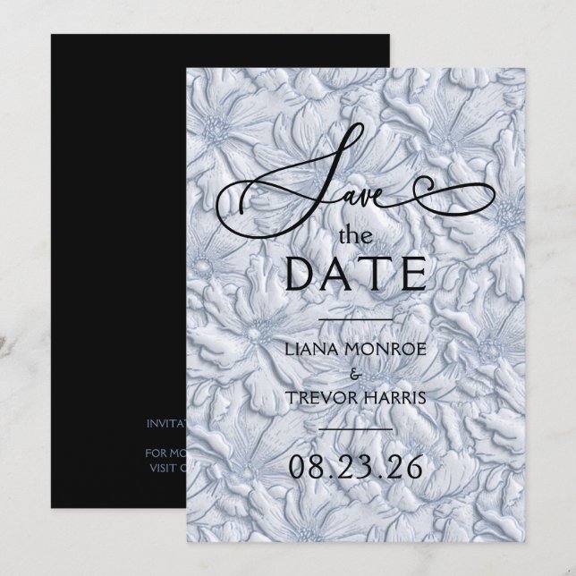 Faux Embossed Dusty Blue Floral Wedding Save The Date (Front/Back)