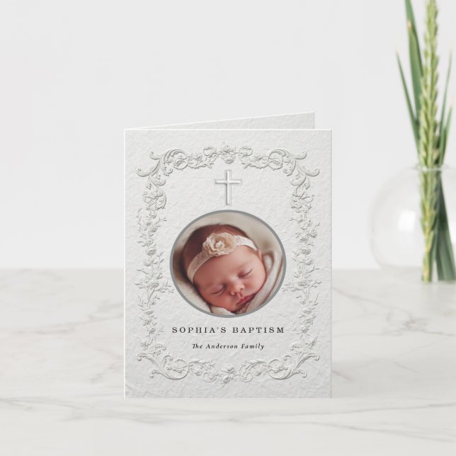 Faux Embossed Floral Baptism Folded Thank You Card (Front)
