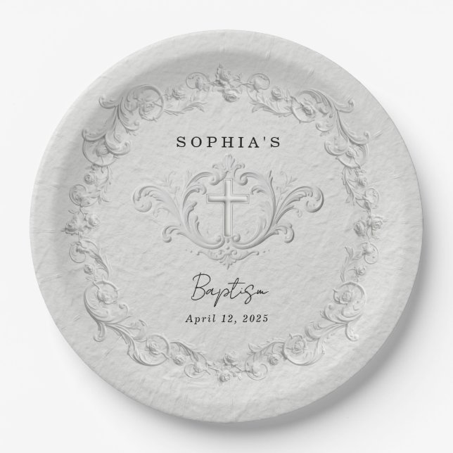 Faux Embossed Floral Baptism Paper  Plates (Front)