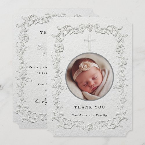 Faux Embossed Floral Baptism Photo Thank You Card