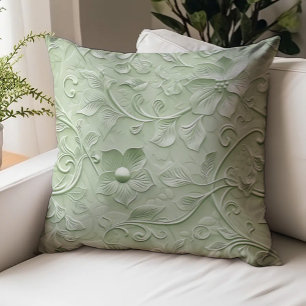 Faux Embossed Floral Bas Relief Mint Green Throw Pillow