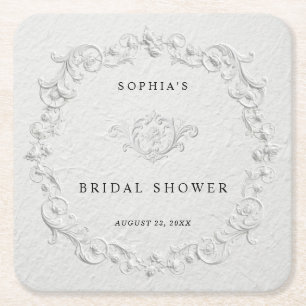 Faux Embossed Floral Bridal Shower Square Pap Paper Coaster