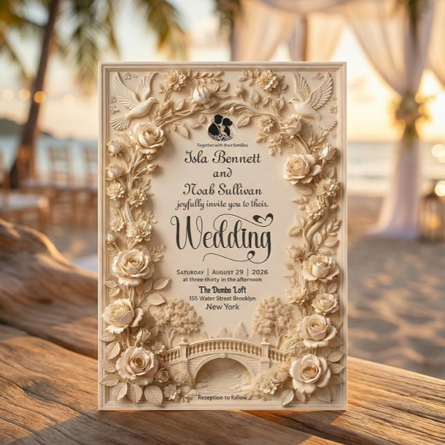 Faux Embossed Floral Relief Effect Classic Wedding Invitation (Creator Uploaded)