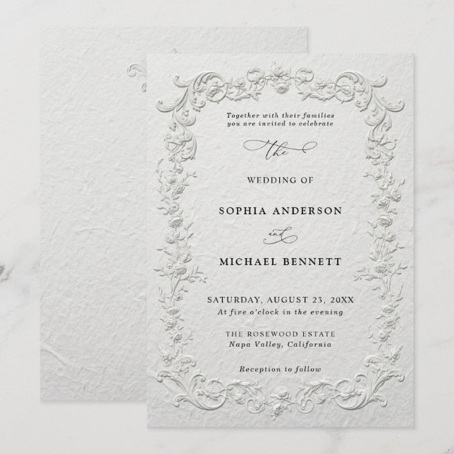 Faux Embossed Floral Wedding Invitation (Front/Back)