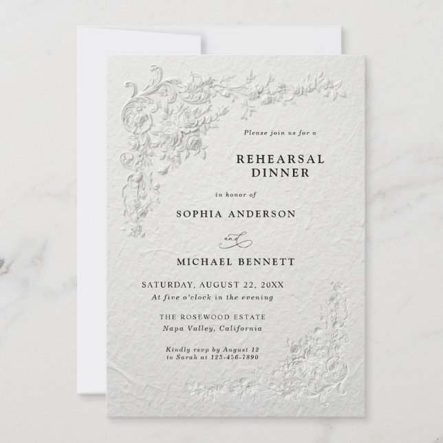 Faux Embossed Floral Wedding Rehearsal Dinner Invitation (Front)