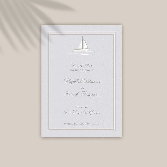 Faux Embossed Frame Boat Coastal Formal Wedding Save The Date (coastal wedding save the date card modern classic formal traditional frame faux embossed boat)