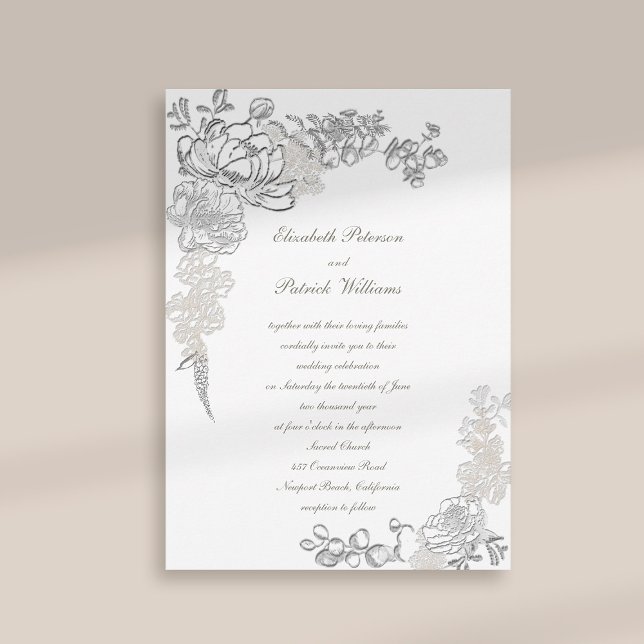 Faux Embossed Ivory Peony Calligraphy Wedding Invitation (formal traditional elegant calligraphy wedding invitation faux embossed peony ivory white classic)