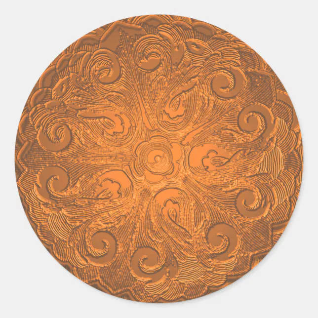 Faux Embossed Look Ornate Seal, Orange Classic Round Sticker | Zazzle
