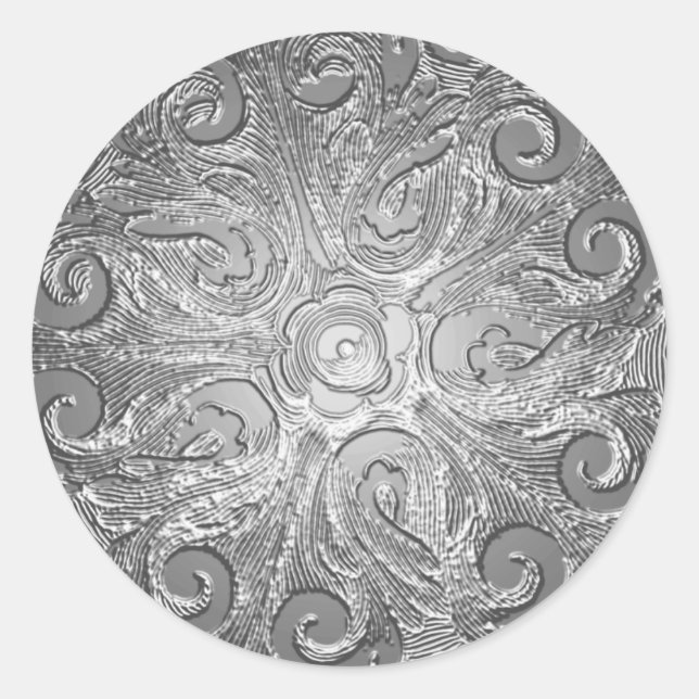 Faux Embossed Look Ornate Seal, Silver Classic Round Sticker (Front)
