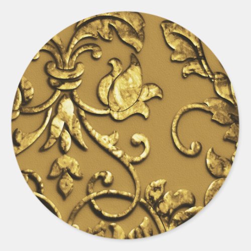 Faux Embossed  Metallic Damask Gold Classic Round Sticker