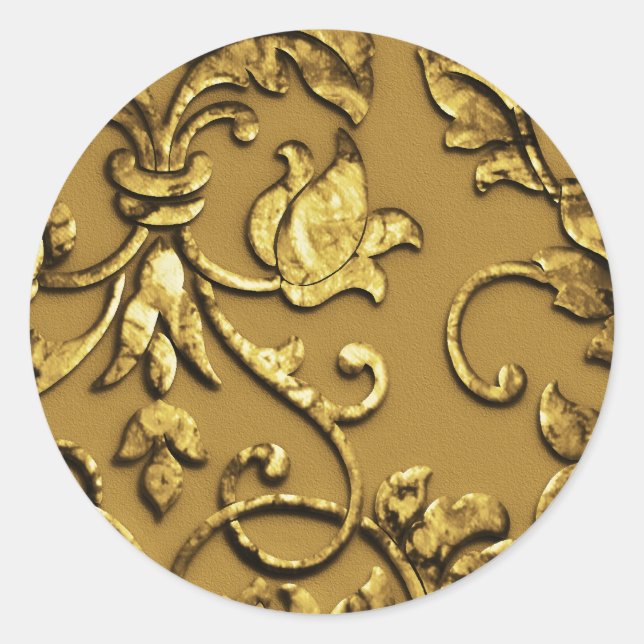 Faux Embossed  Metallic Damask, Gold Classic Round Sticker (Front)