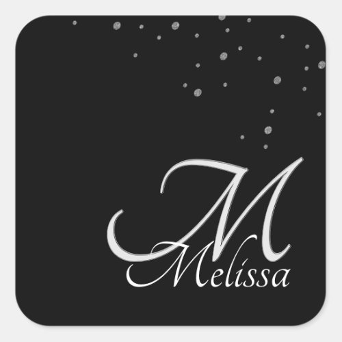 Faux Embossed Monogram and Silver Confetti Square Sticker