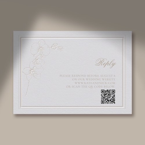 Faux Embossed Orchid Frame Ivory Reply Wedding QR RSVP Card