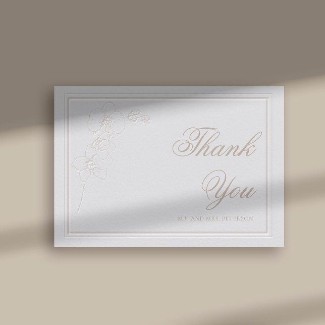 Faux Embossed Orchid Frame Ivory Wedding Thank You Card (faux embossed orchids double frame modern classic wedding reception thank you card ivory)
