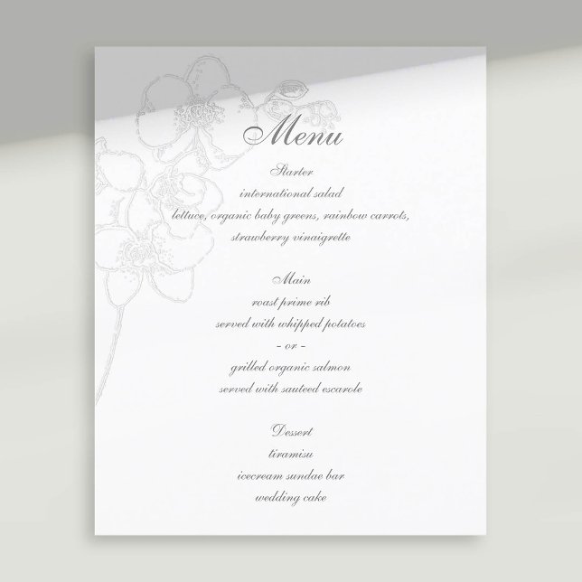 Faux Embossed Orchid Traditional Wedding Menu (formal wedding menu faux embossed orchid floral modern classic traditional calligraphy)