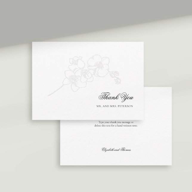 Faux Embossed Orchids Elegant Wedding Thank You (formal wedding thank you card faux embossed orchid floral modern classic typography calligraphy)