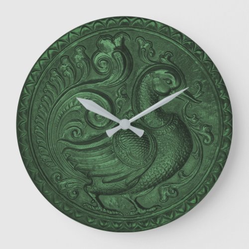 Faux Embossed Peacock Emerald Green Large Clock