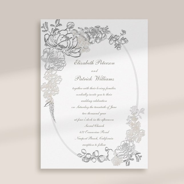 Faux Embossed Peonies Calligraphy Ivory Wedding Invitation (peony wedding invitation floral oval frame formal traditional elegant calligraphy ivory classic)