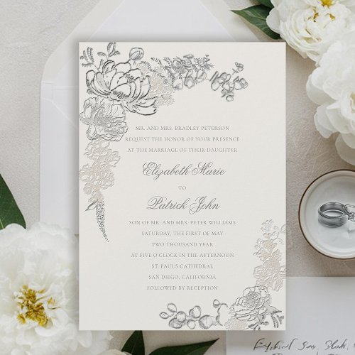 Faux Embossed Peonies Frame Formal Ecru Wedding Invitation