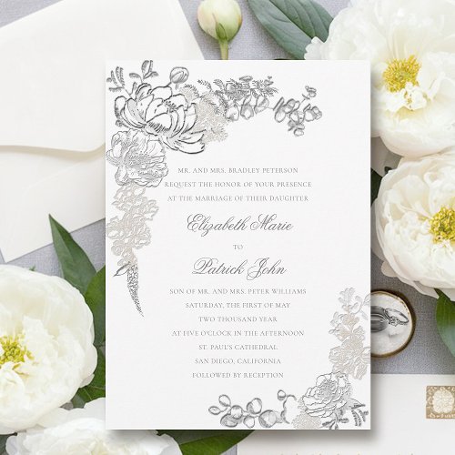 Faux Embossed Peonies Frame Formal Parents Wedding Invitation