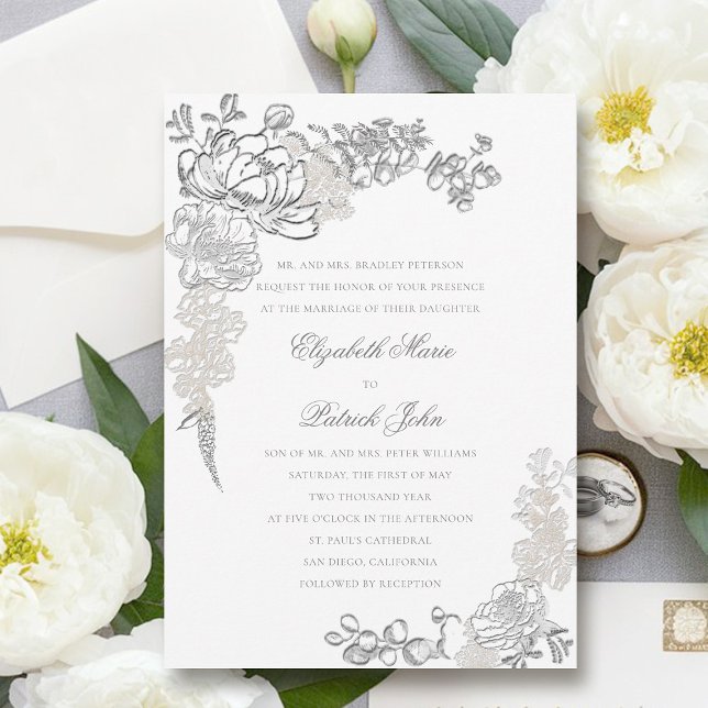 Faux Embossed Peonies Frame Formal Parents Wedding Invitation (peony wedding invitation floral frame formal traditional elegant calligraphy modern classic parents)