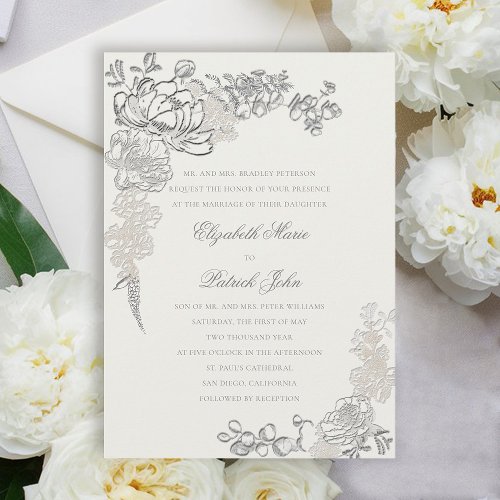 Faux Embossed Peonies Frame Formal Pearl Wedding Invitation