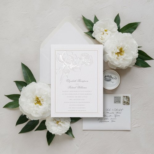 Faux Embossed Peonies Ivory Formal Elegant Wedding Invitation