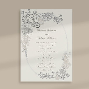 Faux Embossed Peonies Ov Frame Calligraphy Wedding Invitation