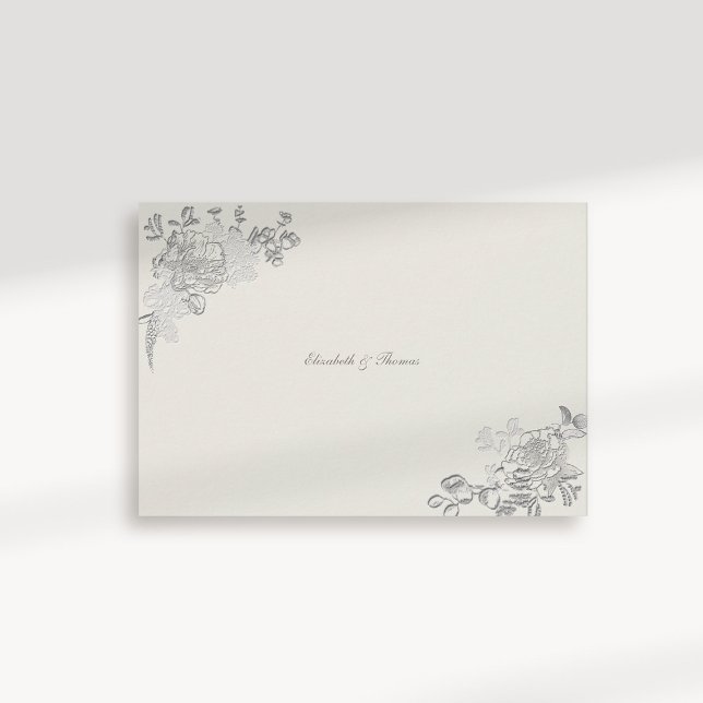 Faux Embossed Peony Classic Ecru Wedding Thank You Card (formal traditional elegant calligraphy wedding thank you card faux embossed peony ecru classic)