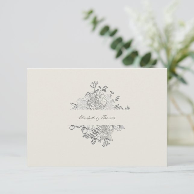 Faux Embossed Peony Formal Ecru Wedding Thank You Card (Standing Front)