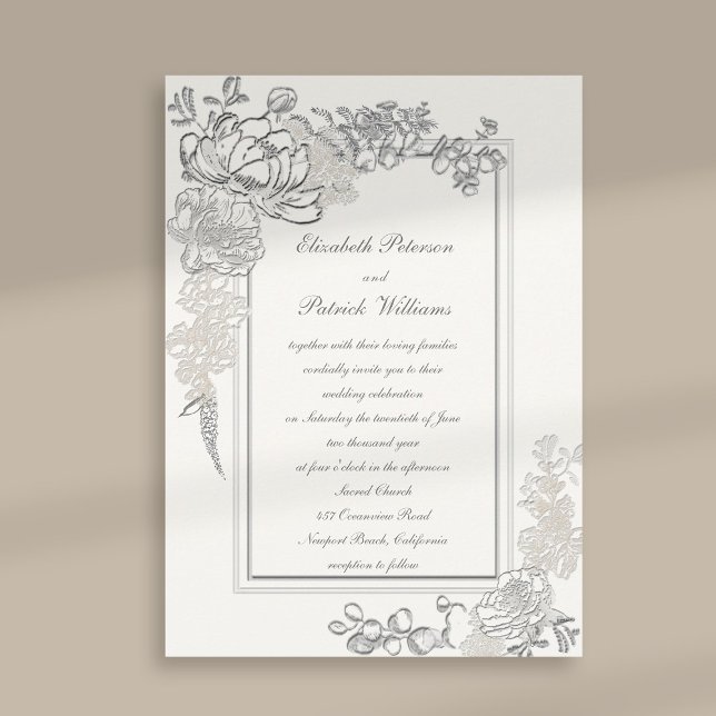 Faux Embossed Peony Pearl Calligraphy Wedding Invitation (peony wedding invitation floral double frame formal traditional elegant calligraphy pearl classic)
