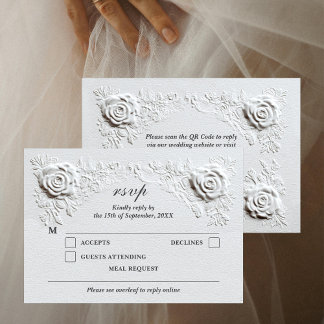 Faux Embossed Roses Elegant Script QR Code Wedding RSVP Card