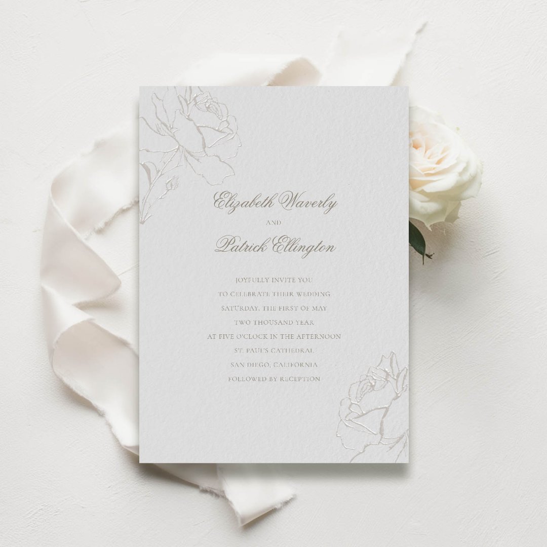 Faux Embossed Roses Ivory Modern Classic Wedding                    Invitation