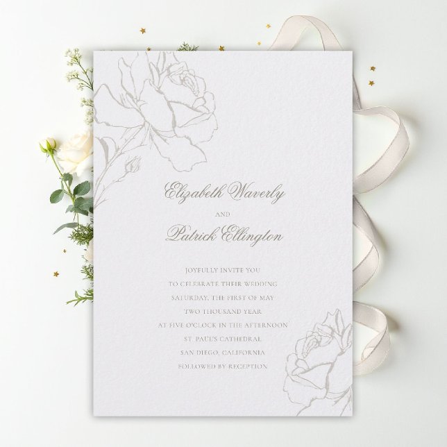Faux Embossed Roses Pearl Formal Classic Wedding Invitation (ethereal wedding theme pearl white invitation formal traditional modern classic floral roses elegant)