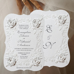  Faux Embossed Roses Script Elegant Formal Wedding Invitation