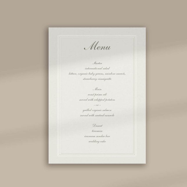 Faux Embossed Triple Frame Traditional Wedding Menu (formal traditional wedding menu card faux embossed cream ecru frame calligraphy modern classic)