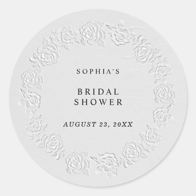 Faux Embossed White Roses Bridal Shower Classic Round Sticker (Front)