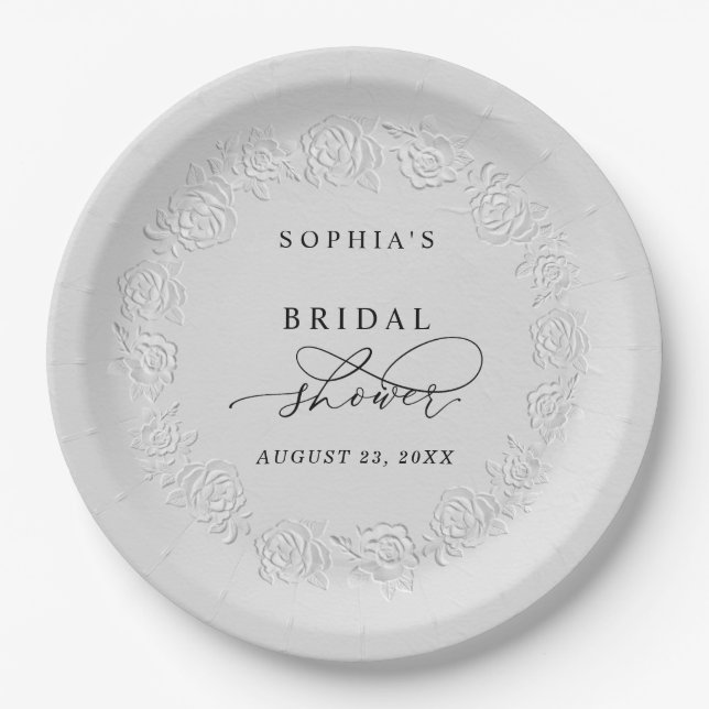 Faux Embossed White Roses Bridal Shower  Paper Plates (Front)