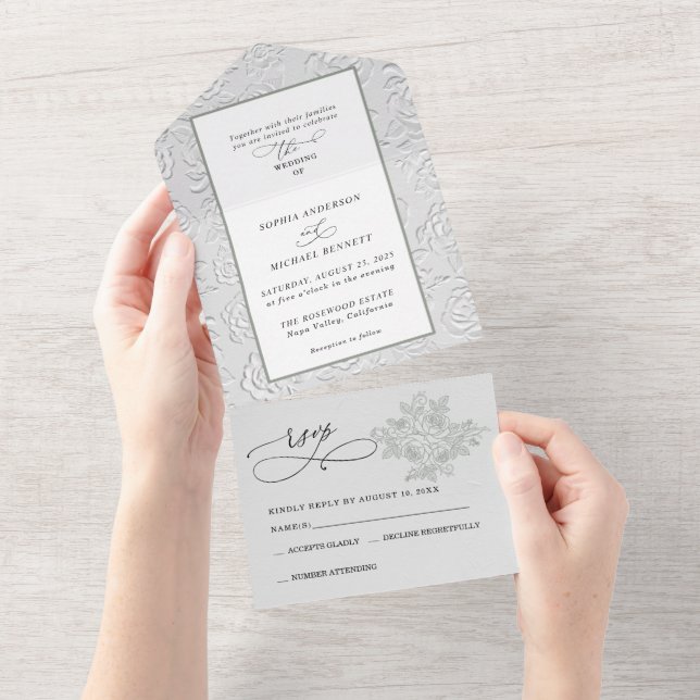 Faux Embossed White Roses Wedding  All In One Invitation (Tearaway)