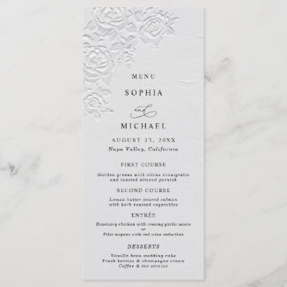 Faux Embossed White Roses Wedding Flat Menu