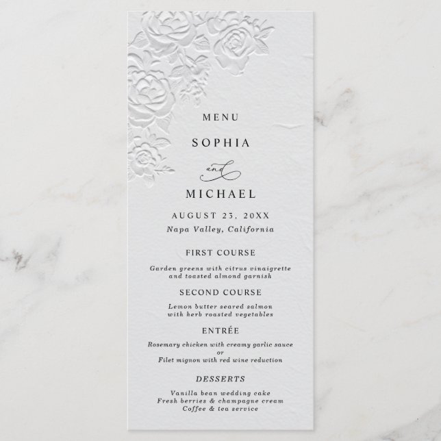 Faux Embossed White Roses Wedding Flat Menu (Front)