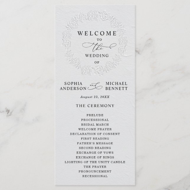 Faux Embossed White Roses Wedding Program (Front)