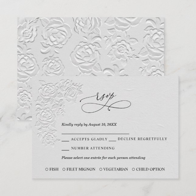 Faux Embossed White Roses Wedding RSVP Card (Front/Back)