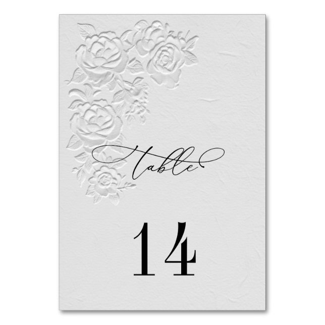 Faux Embossed White Roses Wedding Table Numbers (Back)