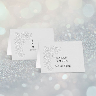 Faux Embossed White Roses Wedding Table Place Card