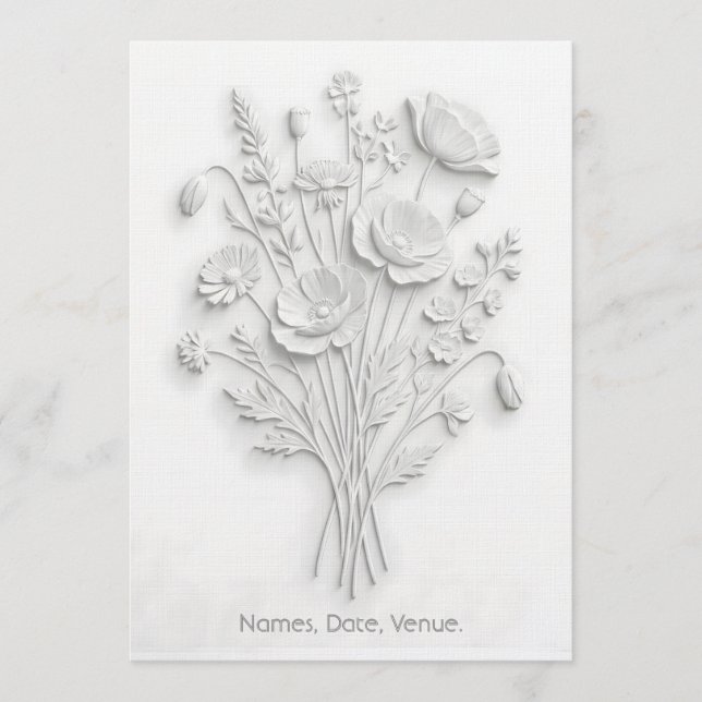 Faux Embossed Wildflower White on White Minimalist Invitation (Front)