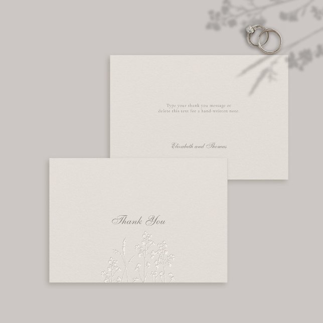 Faux Embossed Wildflowers Ecru Formal Wedding Thank You Card (Formal Wedding Thank You Card Faux Embossed Wildflowers Calligraphy Modern Classic Ecru Couple Note)