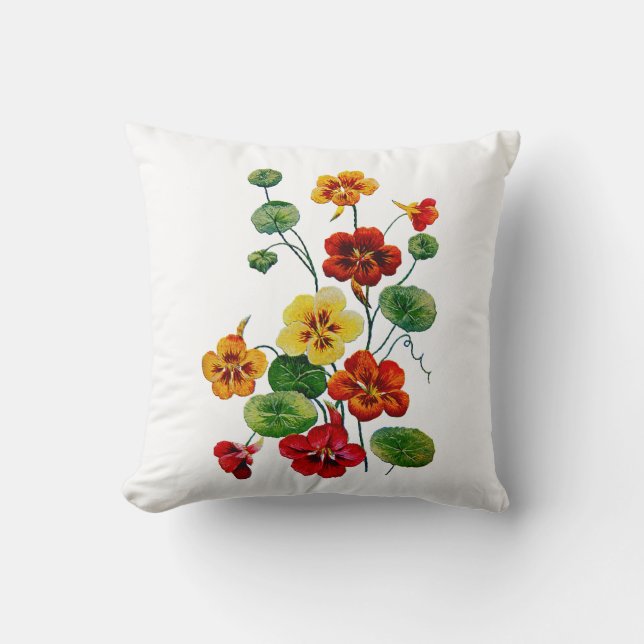 Faux Embroidered Colorful Nasturtiums Pillow (Front)